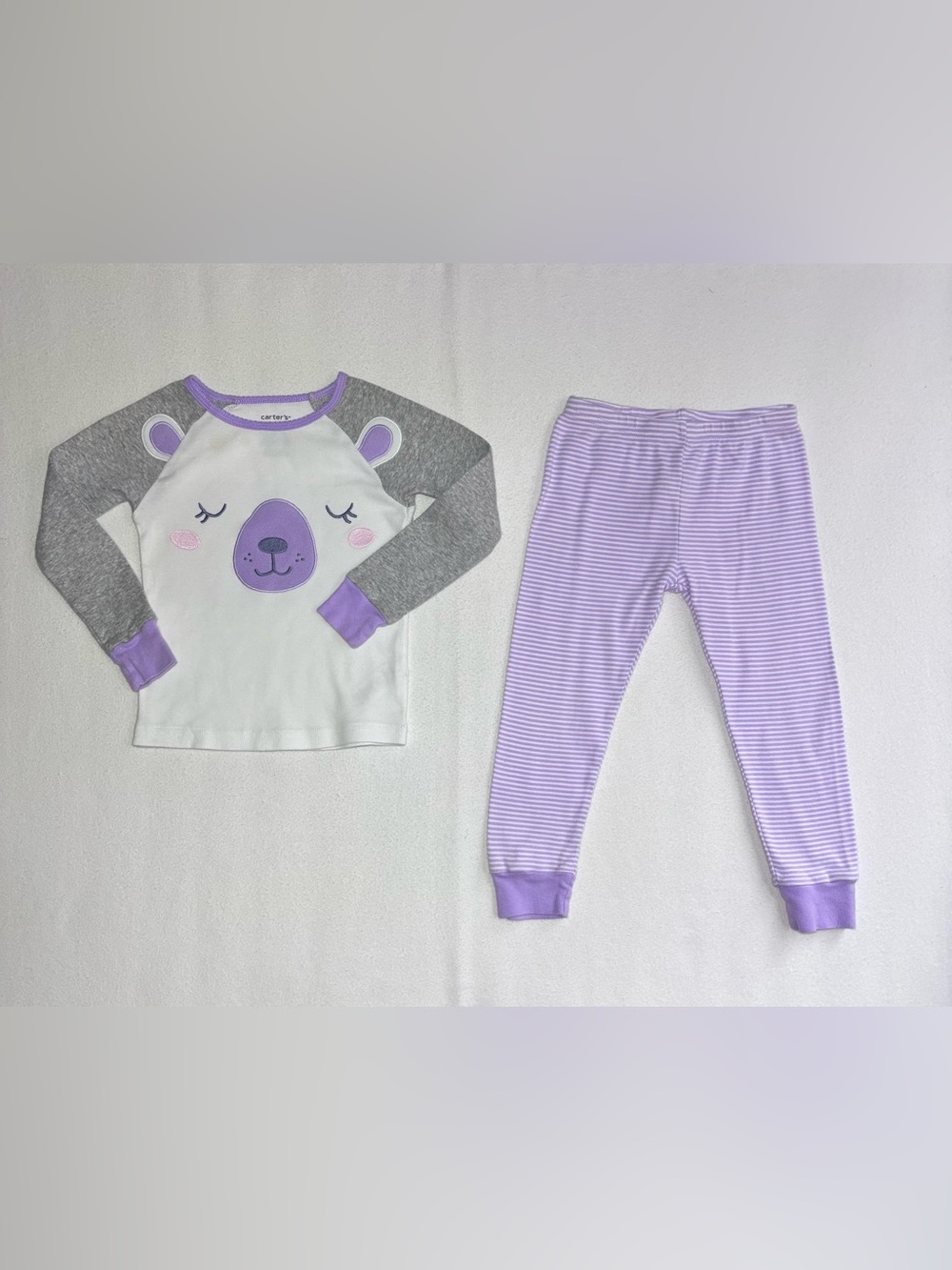 Carter’s Girls 3T Bear 2 Piece Pajama Set Purple Striped Pants B132
